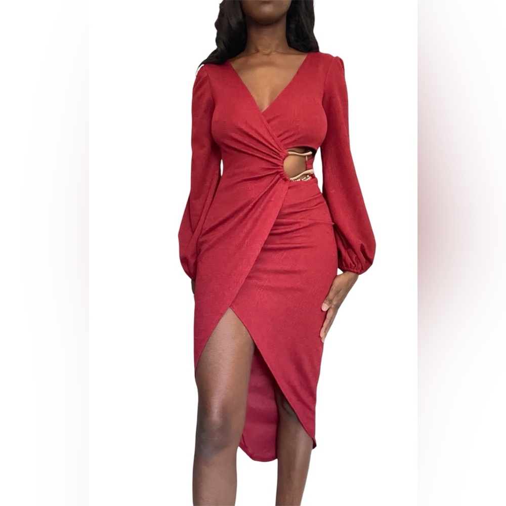 ASOS DESIGN ring wrap long sleeve midi dress in red NWT